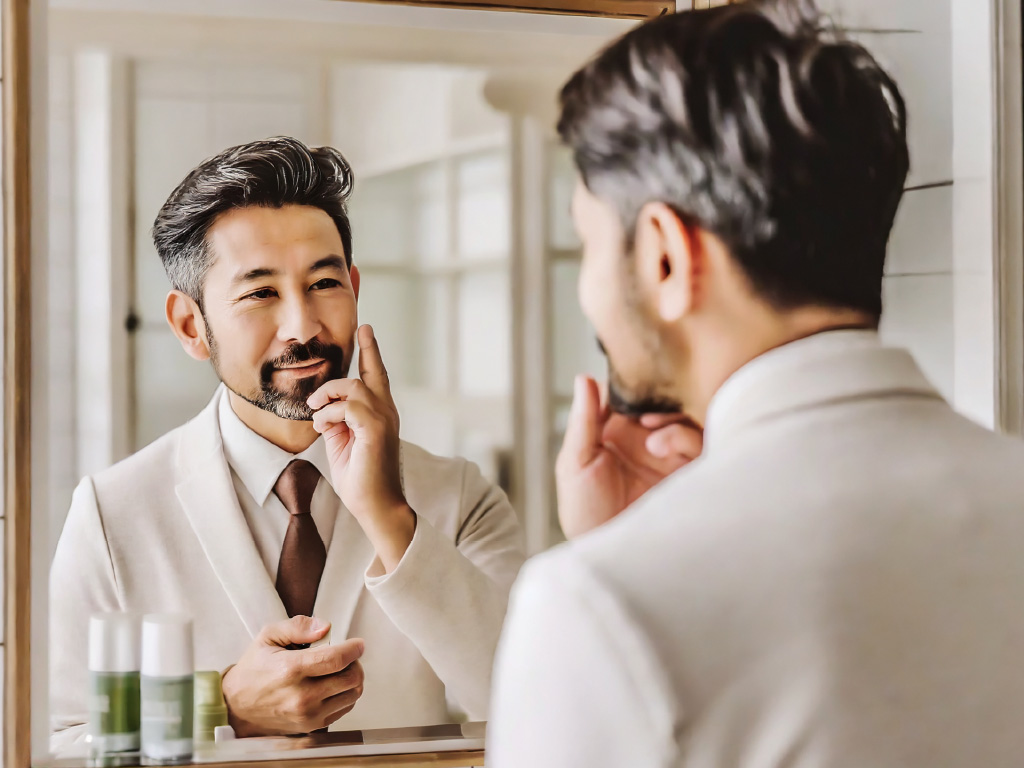 ナイアシンアミド配合のオールインワンを鏡の前で塗る男性