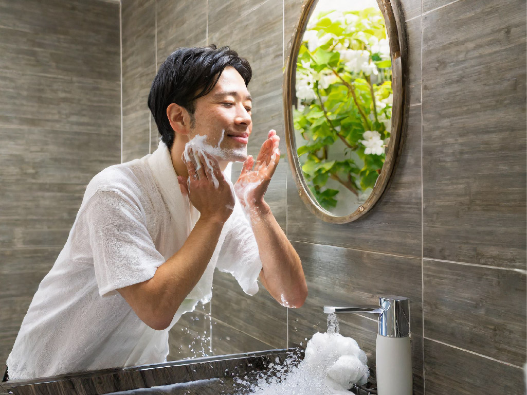 洗顔料で顔を洗う男性